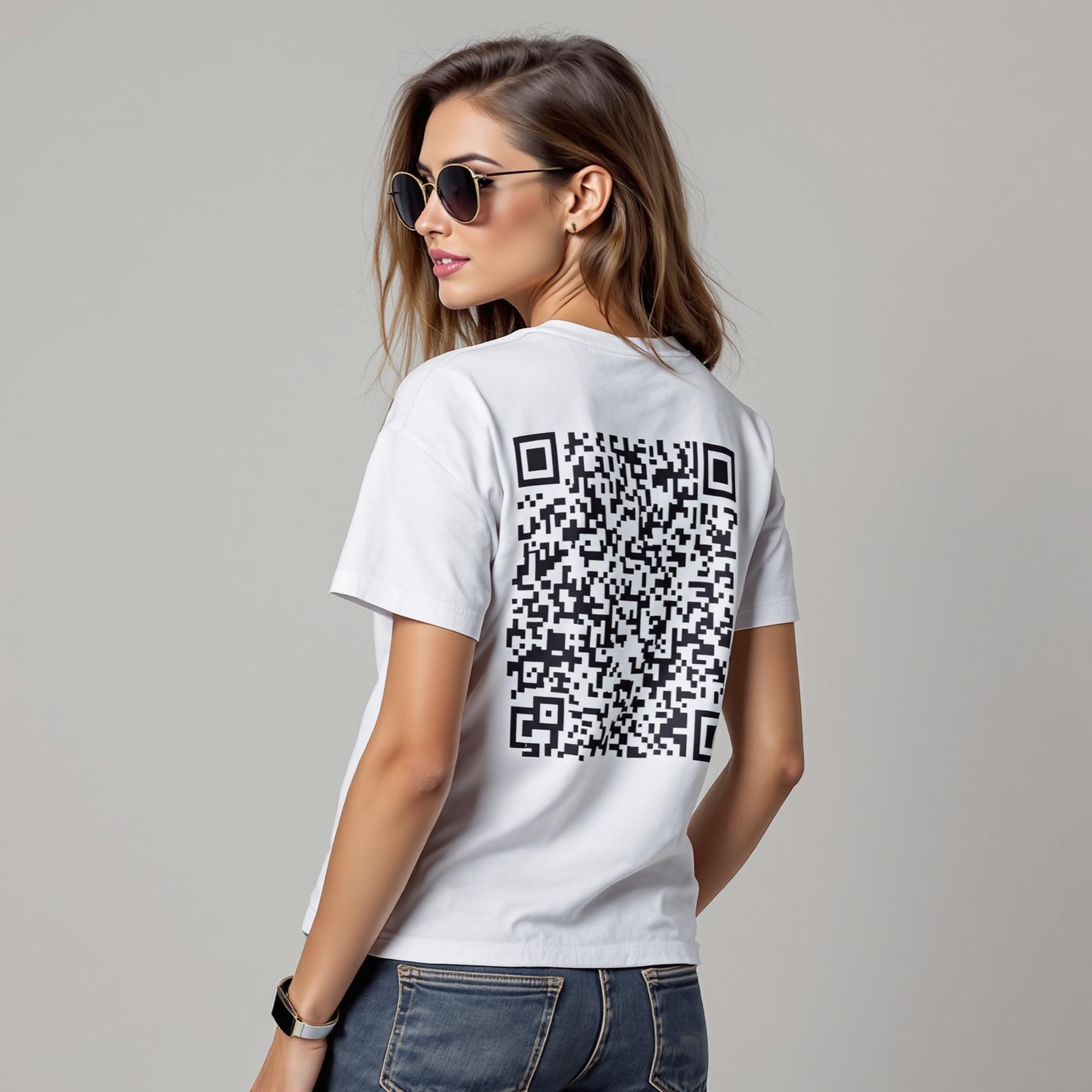 Fashion model wearing qrrious QR code t-shirt